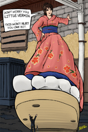drawing giantess feet color clothed toes anime smiling story socks kimono dress sandals foot_crush shrunken_man yellowfeather flowers point_of_view alley imminent_crush looking_at_tiny gintama tae_shimura kondo_isao