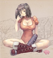 drawing giantess color cleavage buildings huge_breasts brunette boots pigtails leotard legs_crossed seven_deadly_sins pig diane_(seven_deadly_sins)