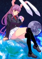 drawing giantess earth color bunny_ears planet touhou shoes moon socks sitting reisen_udongein_inaba uniform cup source_needed cosmic_giantess sitting_on_planet