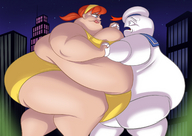 breasts drawing giantess city color swimsuit blue_eyes buildings red_hair ponytail bbw night ssbbw new_york_city hairband imminent_vore teenage_mutant_ninja_turtles april_oneil thick_thighs ghostbusters stay_puft_marshmallow_man