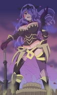 drawing giantess blushing color large_breasts destruction purple_hair purple_eyes castle boots looking_down axe fire_emblem herretik camilla_(fire_emblem)