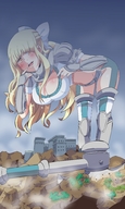 drawing giantess blushing blonde color destruction buildings huge_breasts yellow_eyes boots charlotte looking_down trees axe fire_emblem herretik