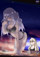 bikini breasts drawing giantess white_hair blushing mega blonde color large_breasts long_hair butt swimsuit cleavage wet purple_hair red_eyes belly nintendo looking_down close_up thighs fire_emblem thick_thighs looking_at_tiny corrin gamefreakdx sweat_drop camilla_(fire_emblem)