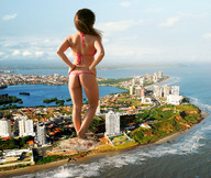 giantess collage butt swimsuit destruction beach barefoot water ocean buildings brunette wonderslug giantess_katelyn foot_print back sky crushed_building