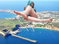 giantess collage feet landscape mega barefoot ocean buildings blue_hair legs pedicure looking_at_viewer utamovita
