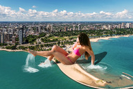 giantess collage swimsuit destruction beach barefoot cleavage water buildings brunette wonderslug legs belly giantess_katelyn sand clouds sky aerial_view chicago lake_michigan navel_ring