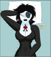 breasts drawing sleeping black_hair color clothed cleavage bed pillow shrunken_man captions costume deadpool catsuit belt dialogue x-men white_skin on_breasts marvel_comics nightcore100 domino