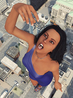 breasts giantess feet vore city mega black_hair tongue mouth teeth finger buildings dress hand open_mouth falling dark_skin manicure aerial_view point_of_view necklace dropped sorenzer0 looking_at_tiny digital_render