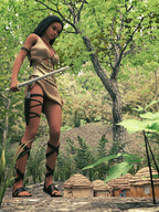 feet sword shrunken_men sandals amazon outdoors huts sorenzer0 looking_at_tiny digital_render unworthy shrunken_village