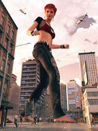 giantess crush feet city handheld barefoot buildings helicopter jeans blood red_hair foot_crush belly running looking_down cruel streets clouds sky point_of_view pedestrians street_view sorenzer0 digital_render navel_ring
