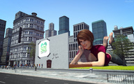 giantess feet city barefoot buildings brunette lying_down short_hair grass streets pedestrians sorenzer0 looking_at_tiny digital_render giantessnyx sizecon