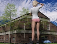 gentle giantess panties blonde butt clothed buildings shoes standing vehicles shirt digital_render