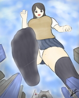 drawing giantess panties city color buildings brunette pantyshot uniform nylons looking_down point_of_view imminent_crush yamumil