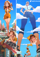 drawing giantess giga mega comic color large_breasts long_hair destruction cleavage shoes crying multiple_sizes scared dress walking looking_down giantesses clouds sky giantessfan hands_on_hips shoelace