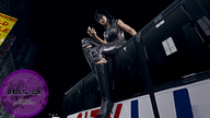 giantess city black_hair clothed handheld boots sitting bus leather_clothes digital_render