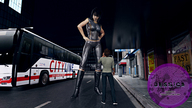 city black_hair clothed mini_giantess boots bus standing streets night hands_on_hips leather_clothes digital_render