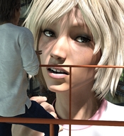 gentle giantess blonde clothed sitting other railing shirt digital_render looking_at_each