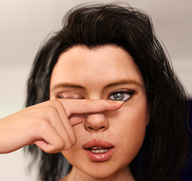 micro finger brunette couple hand eye shrunken_woman shrunken_man finger_nail looking_at_tiny digital_render openhighhat cityinabox