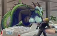 crush furry dragoness large_breasts cleavage vehicles scalie looking_at_tiny