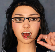 vore tongue mouth teeth finger glasses asian bondage hand face shrunken_woman digital_render openhighhat