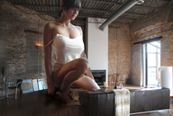 giantess large_breasts clothed barefoot cleavage brunette mini_giantess kneeling tall indoors top looking_at_viewer sofa fireplace apartment ala_passtel captain_rand