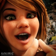giantess vore mouth teeth handheld green_eyes smiling lips elf jungle open_mouth forest freckles between_fingers native pinched digital_render opal ashkiiwolf
