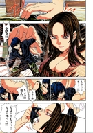 drawing giantess vore small_man manga color cleavage dangle indoors japanese_text handled