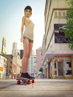 city buildings legs running shrunken_woman shrunken_man sidewalk skateboard sorenzer0 looking_at_tiny digital_render