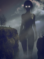 giantess nude small_man sky cliff glowing_eyes sorenzer0 digital_render monolith