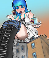 giantess collage blue_eyes blue_hair smiling cake dress suit rooster thigh_highs converse striped_socks sitting_on_building glowing imminent_vore mspaintgts charlovant knee_high jelly