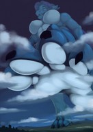 furry dragoness anthro city large_breasts destruction blue_eyes claws toes barefoot buildings soles blue_hair low_angle fangs painting mountains clouds thighs point_of_view commission imminent_crush scalie cracked_ground segatakai bare_legs kerneldecoy sergesalvatrice bare_midriff