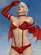 white_hair vore horns mega handheld buildings gloves dead_or_alive fangs open_mouth devil between_fingers suspenders digital_render doa christie roodedude