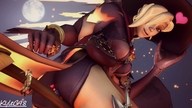giantess blonde butt blue_eyes handheld butt_crush moon witch sitting heart hat broom looking_at_tiny digital_render kylec98 overwatch reaper genji soldier_76 junkrat hanzo torbjorn mercy_(overwatch) between_breasts