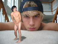 collage blonde giant male shrunken_man looking_at_tiny