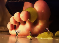 crush collage unknown_artist shrunken_people shrunken_woman shrunken_man between_toes fruit floor_view grapes