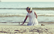 gentle collage blonde long_hair beach ocean ponytail dress sitting kissing shrunken_people tattoo