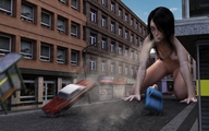 giantess nude city black_hair destruction kneeling streets vehicles source_needed blowing digital_render