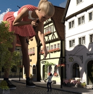 gentle giantess mega blonde clothed ponytail dress bending_over looming reaching streets runswithferrets cobble_stones digital_render onlooker polka_dots
