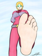 drawing giantess blonde color barefoot looking_down point_of_view looking_at_viewer raised_foot imminent_crush visor yamumil