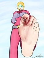 drawing giantess blonde color barefoot blood foot_crush looking_down cruel point_of_view looking_at_viewer raised_foot visor yamumil