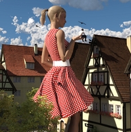 gentle giantess blonde clothed handheld ponytail dress standing runswithferrets digital_render polka_dots