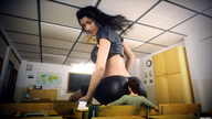 black_hair long_hair clothed bra smiling mini_giantess sitting belly teacher looking_down desk shirt student fater school_room