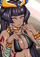 breasts drawing gentle giantess black_hair color handheld cleavage egyptian yellow_eyes etz looking_at_tiny monster_girl_encyclopedia pharaoh