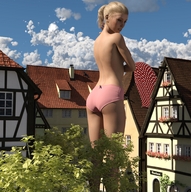 gentle giantess panties blonde ponytail dress standing houses runswithferrets digital_render polka_dots