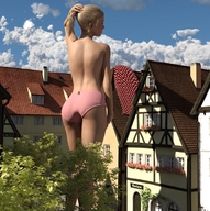 gentle giantess panties blonde butt ponytail standing back houses runswithferrets undressing digital_render polka_dots