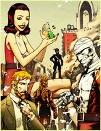 breasts drawing giantess city mega color brunette beast_boy doom_patrol belt legs_crossed sitting_on_building dc_comics elasti-girl robotman the_chief negative_man mento rita_farr