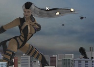 giantess city destruction cleavage helicopter mortal_kombat digital_render black_and_white_hair roodedude sindel