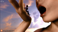 giantess vore mouth lips red_hair hand palm shrunken_woman open_mouth sky emi digital_render