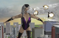 giantess city destruction cleavage airplane screaming mortal_kombat digital_render black_and_white_hair roar roodedude sindel