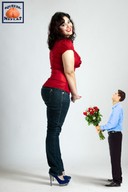 gentle collage black_hair long_hair clothed high_heels jeans shrunken_man standing roses shirt looking_at_viewer squeezemeflat